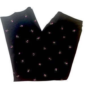 Vivid Pink Rosebuds on Black Linen Cropped Length Pants by Dressbarn. Size=12